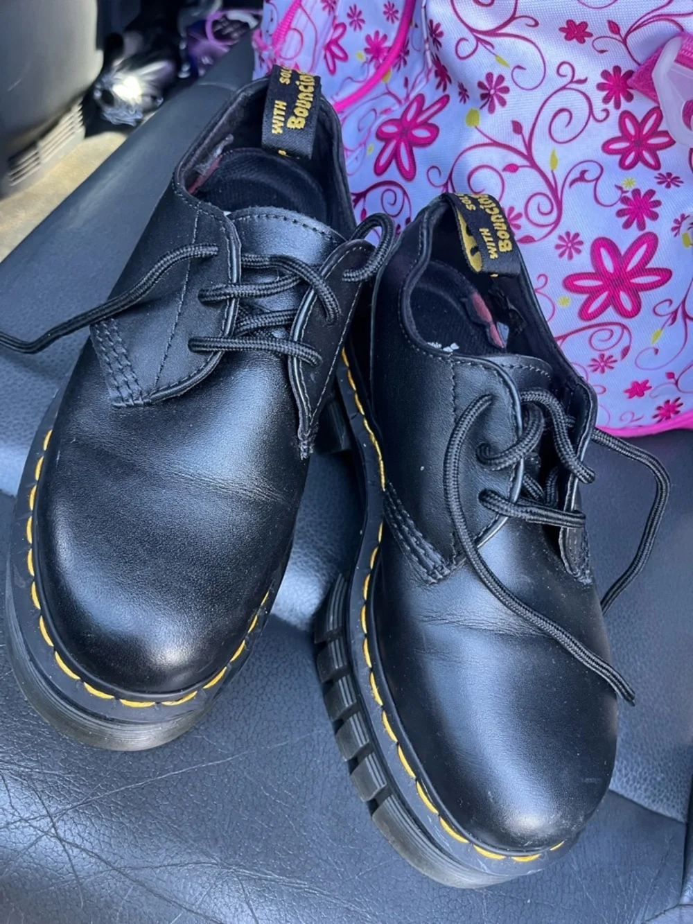 Dr. Martens Kids Black Leather Moccasin Lace-Up Shoes with Yellow Stitching